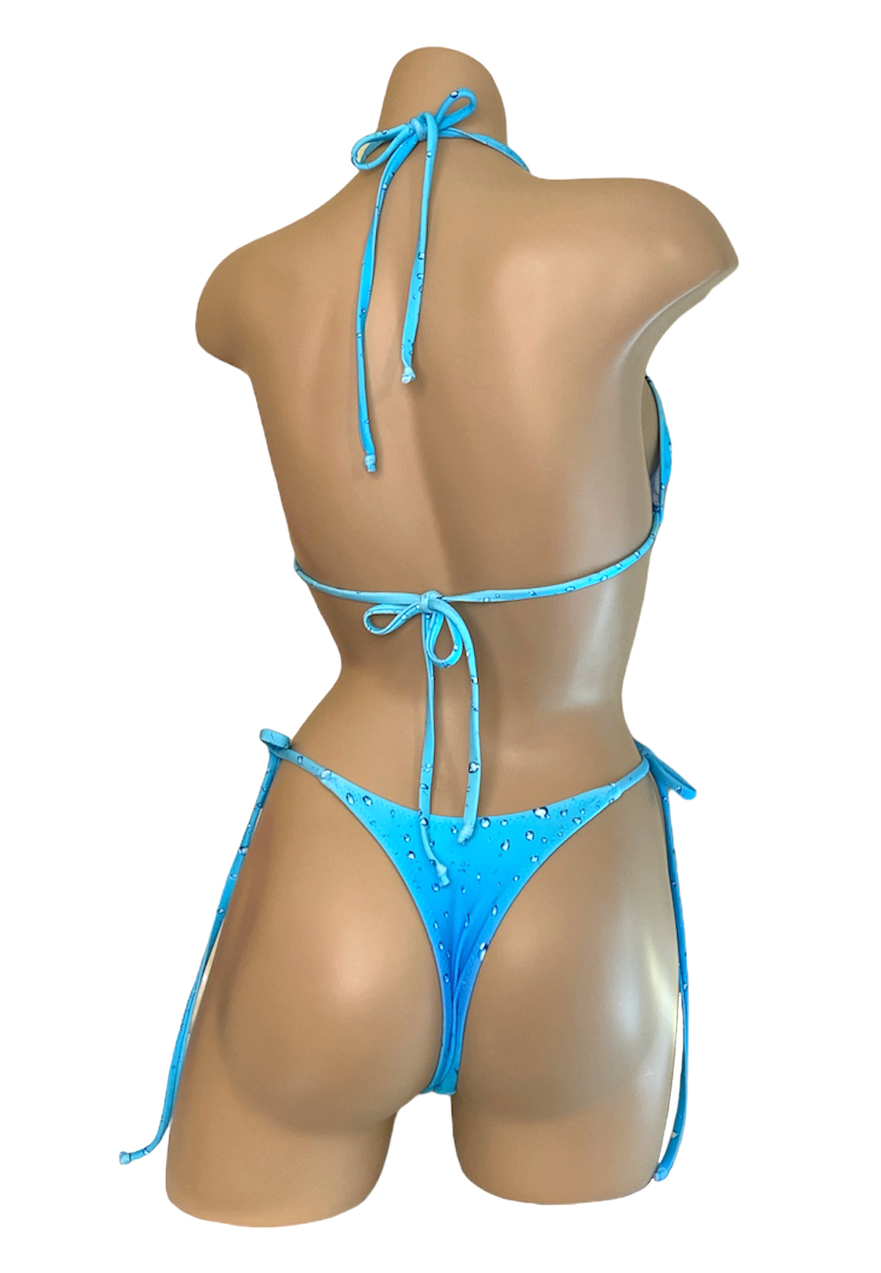 high cut v front tie cheeky back bikini bottoms and triangle top in blue rain print back view