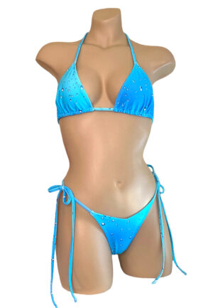 High cut, v-front, tie side, thong bikini bottoms and triangle top in blue rain print front view