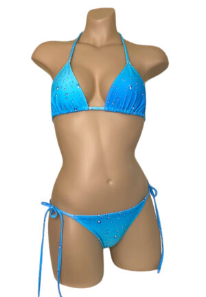 Low waist tie side ruched back bikini bottoms with triangle top in blue rain print