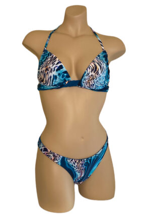 High cut reversible bikini bottoms and multiway top in aqua leopard print with teal on the reverse bralette styled top