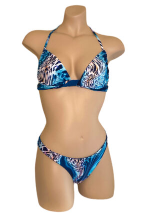 Reversible high cut bikini bottoms and multiway bikini top in aqua leopard and teal front view