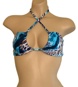 multiway top in aqua leopard print with teal on the reverse criss cross styled front view