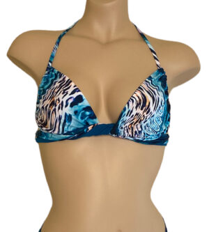 multiway top in aqua leopard print with teal on the reverse bralette styled