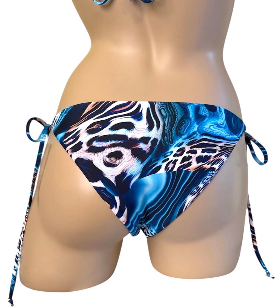 Reversible low waist, tie side bikini bottoms in aqua leopard print back view