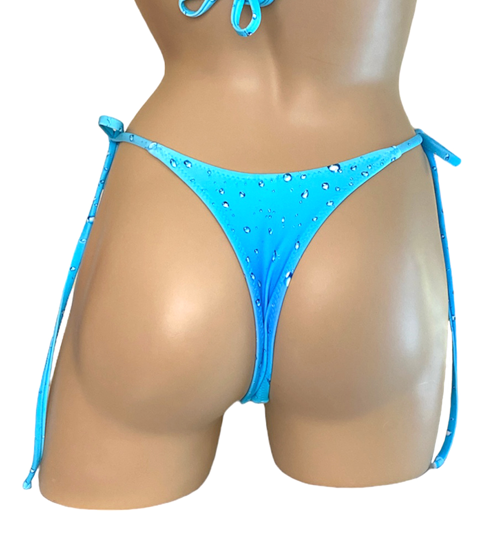 high cut v front tie side cheeky bikini bottoms in blue rain print back view