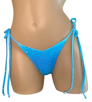 high cut, v-front, tie side, cheeky thong bikini bottoms in blue rain print front view