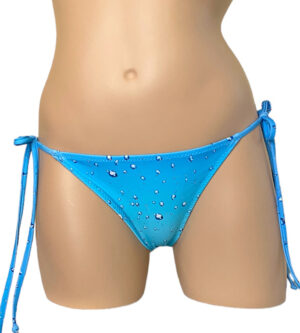 Low waist tie side ruched back bikini bottoms in blue rain print front view