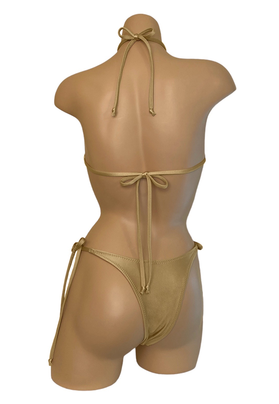 High cut tie side bikini bottoms and triangle bikini top in Gold back view