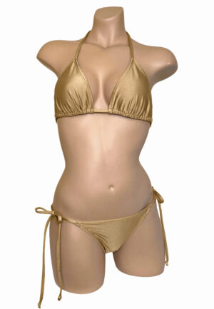 Low waist tie side ruched back bikini bottoms and triangle bikini top in Gold front view