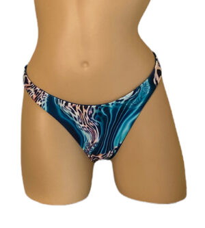 high cut reversible bikini bottoms in aqua leopard print with solid teal on the reverse front view