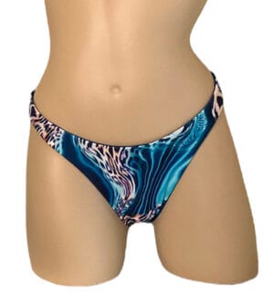 High cut reversible bikini bottoms in aqua leopard print with teal on the reverse