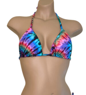 Reversible triangle bikini top in tie dye print front view