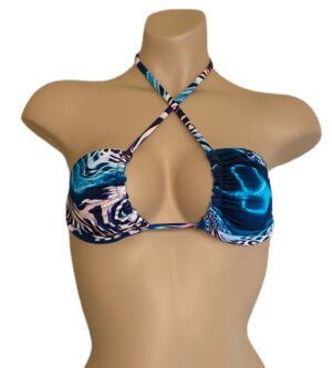 triangle bikini top in aqua leopard print with solid teal on the reverse criss cross sideways style front view