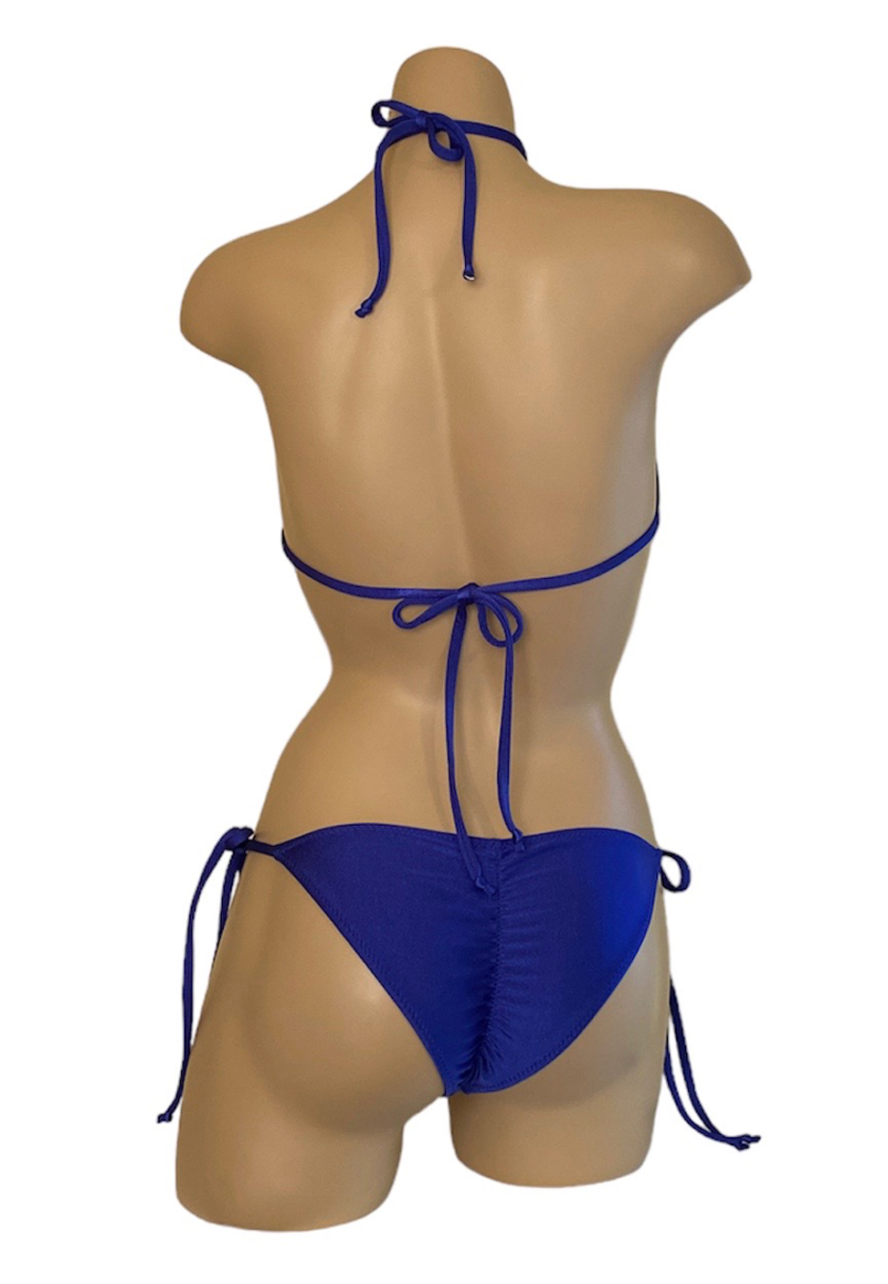 Low waist ruched back tie side bikini bottoms with triangle bikini top in Royal Blue back view