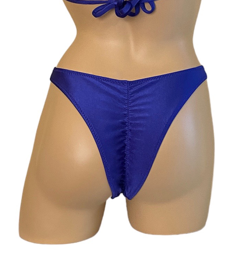 High cut ruched back cheeky bikini bottoms in Royal blue back view