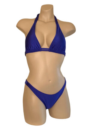 High cut ruched back cheeky bikini bottoms with double strap halter style bikini top in royal blue