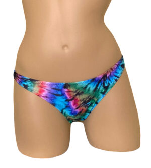 Low rise, sporty bikini bottoms in tie dye print front view