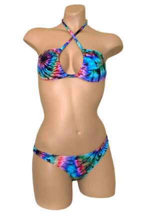 low waist sporty bikini bottoms and triangle top in tie dye print front view