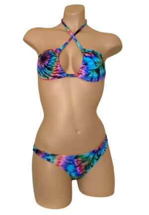 low waist bikini bottoms and triangle top in tie dye print