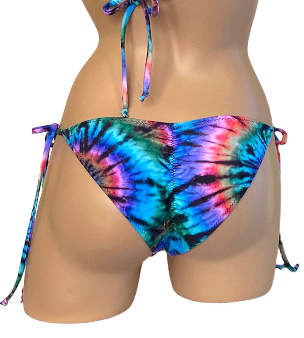 Low waist, tie side, ruched back bikini bottoms in tie dye print back view