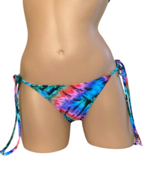 Low waist, tie side, ruched back bikini bottoms in tie dye print front view