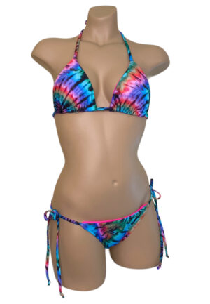 Reversible low waist tie side bikini bottoms and triangle top in tie dye front view