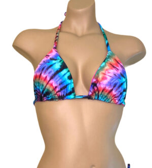 Reversible triangle bikini top in tie dye print with hot pink on the reverse front view