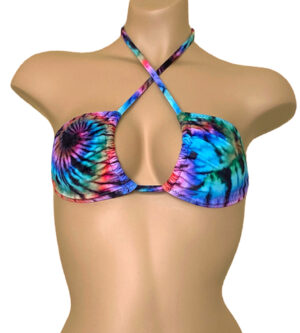 Tie dye triangle bikini top worn sideways front view
