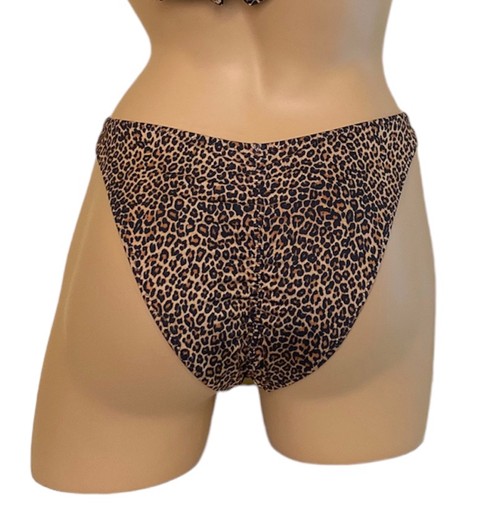 High cut ruched back cheetah print bikini bottoms back view