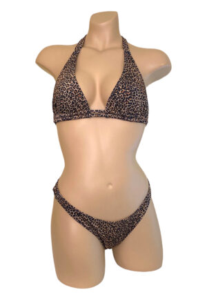 High cut ruched back bikini bottoms and double strap halter bikini top in Cheetah print front view