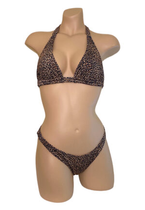 High cut ruched back bikini bottoms and double strap halter bikini top in Cheetah print.