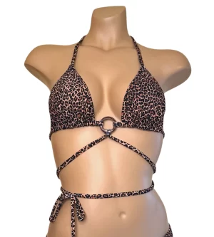 Strappy triangle bikini top with coconut ring at center in cheetah print