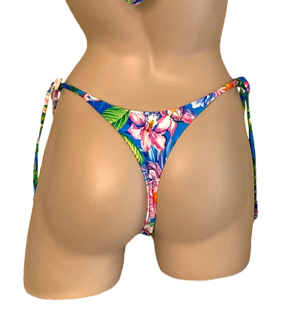 high cut, v front, cheeky, thong, tie side bikini bottoms in tropic floral print back view