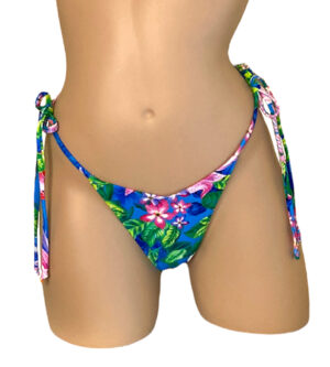 high cut, v front, cheeky, thong, tie side bikini bottoms in tropic floral print front view