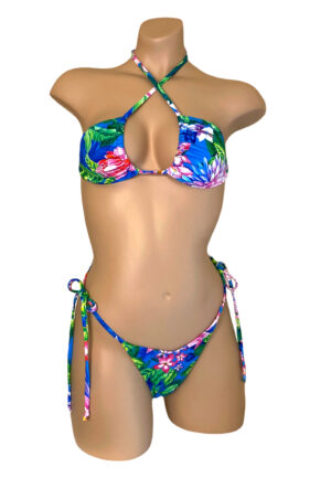 High cut, tie side, thong bikini bottoms and triangle top in tropic floral print front view