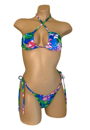 High hip tie side thong bikini with triangle top in tropic floral print