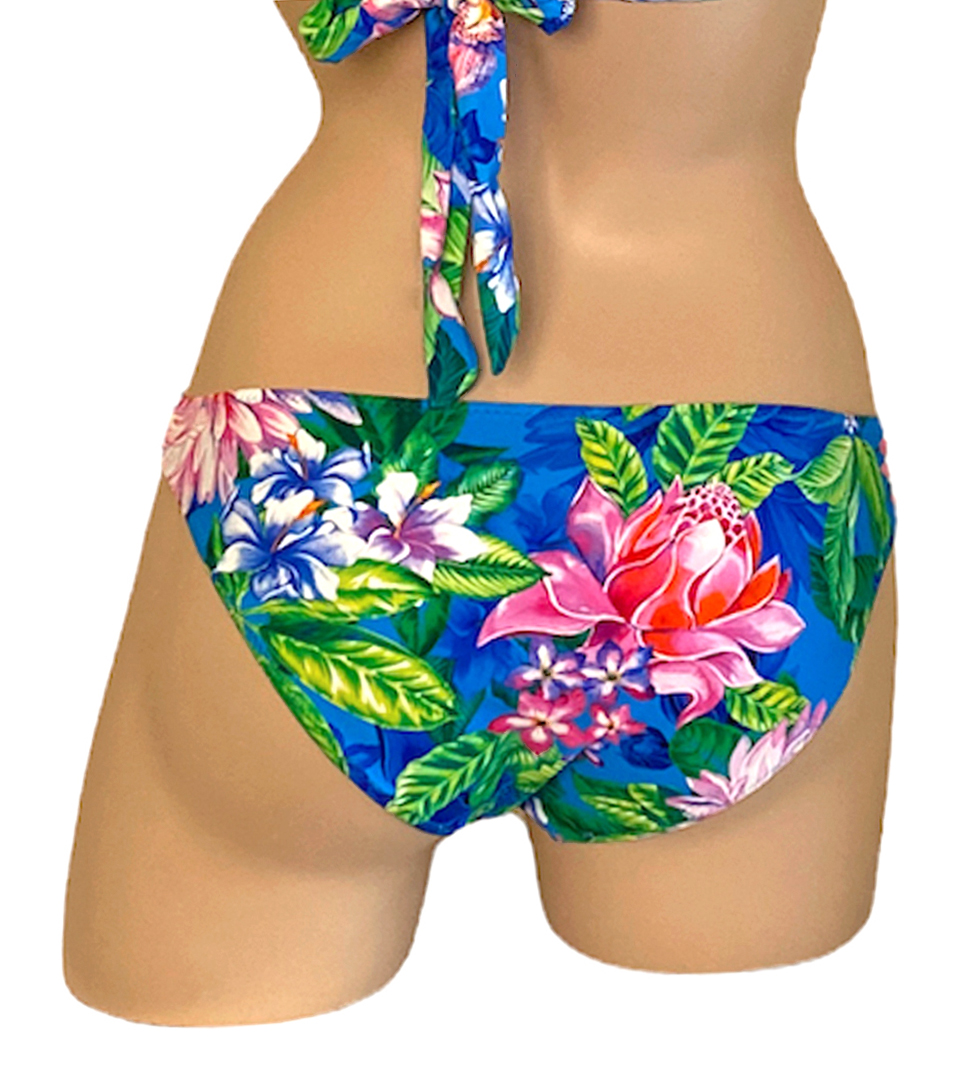 low rise, moderate coverage bikini bottoms in tropical floral print back view