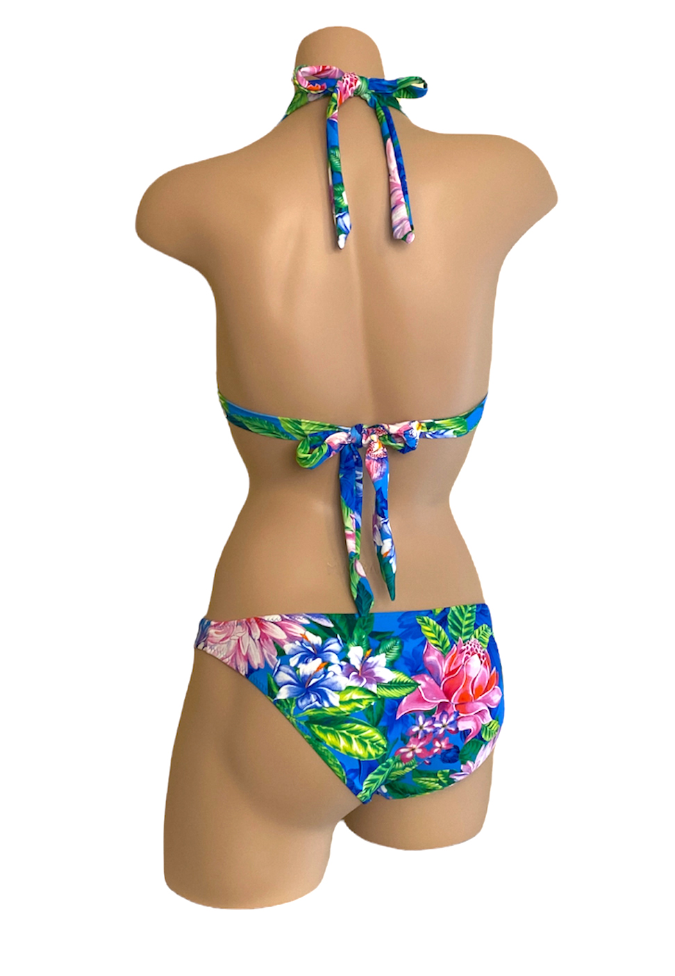 Low waist moderate coverage bikini bottoms and halter bikini top in tropic floral print back view