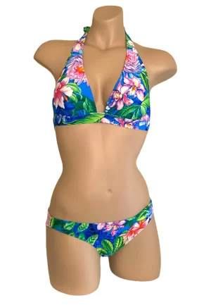 Low waist moderate coverage bikini bottoms and halter bikini top in tropic floral print front view