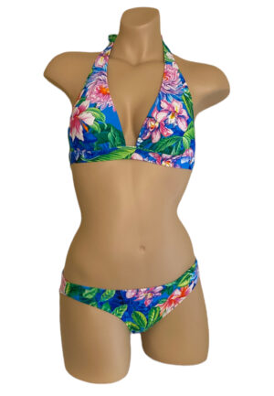 Low waist moderate coverage bikini bottoms and halter bikini top in tropic floral print