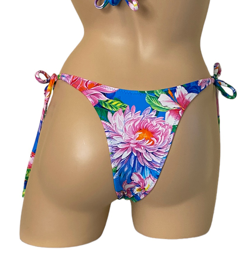 High cut tie side bikini bottoms in floral print back view