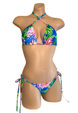 Low waist, tie side, ruched back bikini bottoms and triangle top in tropic floral print front view