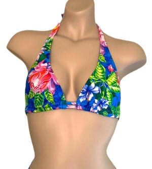 Double strap halter style bikini top in tropic floral print front view