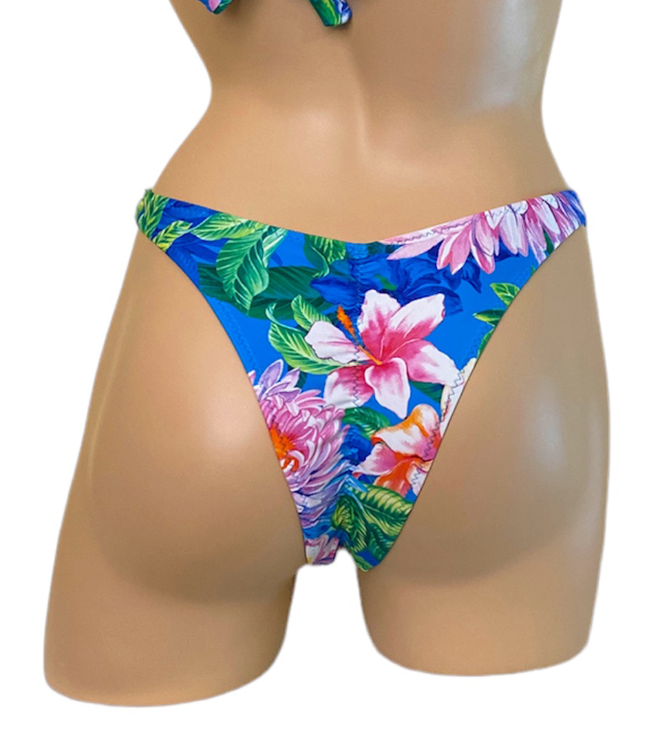 high cut, ruched back, cheeky bikini bottoms in tropic floral print back view