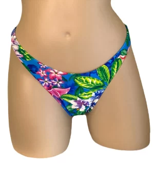 high cut, ruched back, cheeky bikini bottoms in tropic floral print front view