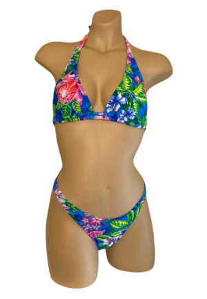 HIgh cut cheeky ruched back bikini bottoms and double strap halter bikini top in tropic floral print