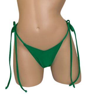 High hip v-front tie side thong bikini bottoms in green front view