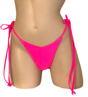 high cut, v front, tie side thong bikini bottoms in hot pink front view