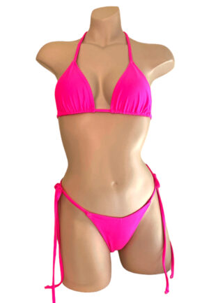 High cut, v-front, tie side, thong bikini bottoms and triangle top in hot pink front view