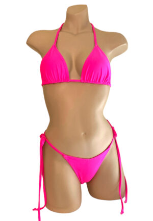 high cut v front tie side cheeky bikini bottoms and triangle top in hot pink